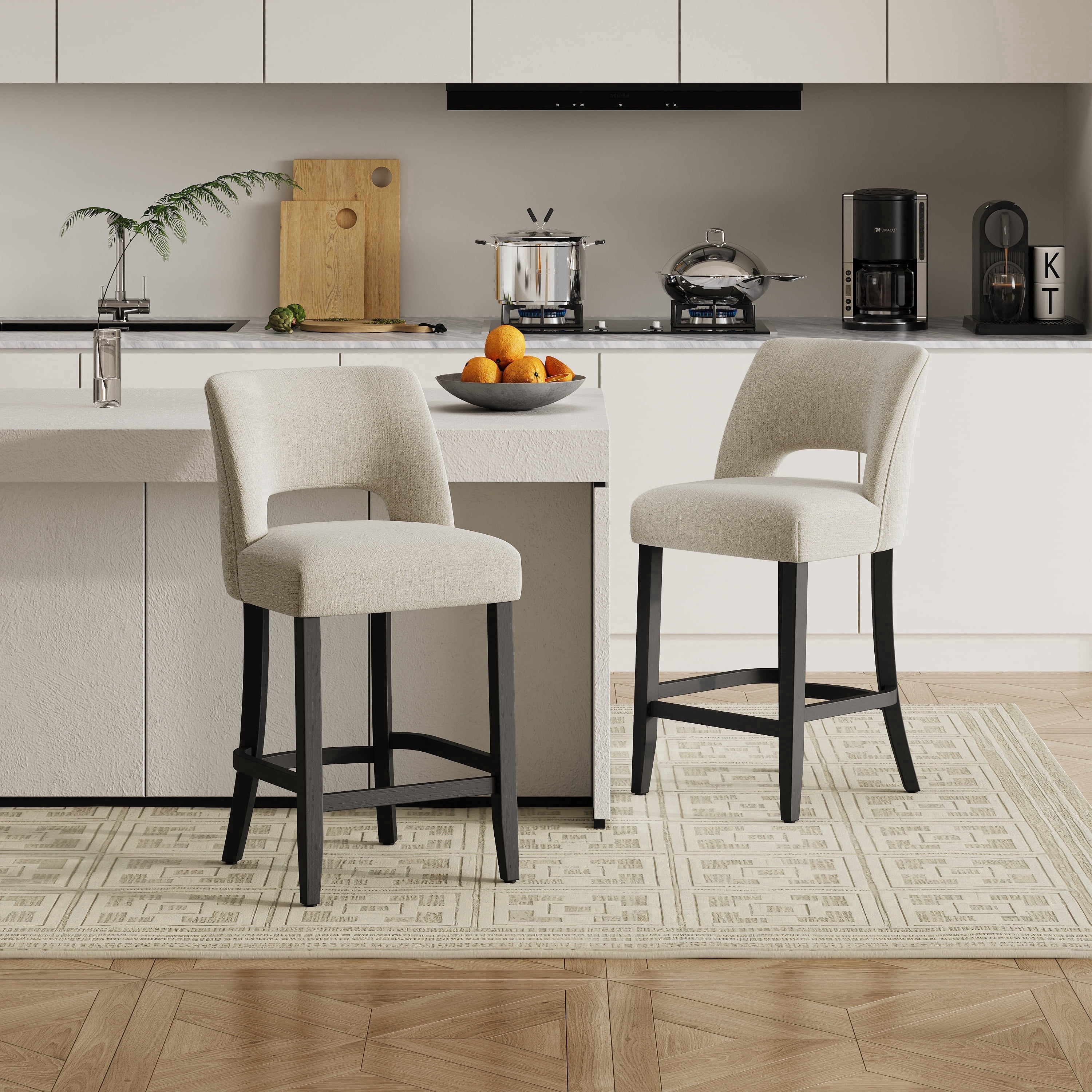Vknow Furniture Mid-Century Counter Height Bar Stools Set of 2 with Solid Wood Legs and Ergonomic Backrest for Kitchen Island and Dining Room,Beige