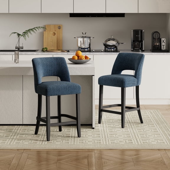 Vknow Furniture Mid-Century Counter Height Bar Stools Set of 2 with Solid Wood Legs and Ergonomic Backrest for Kitchen Island and Dining Room,Blue