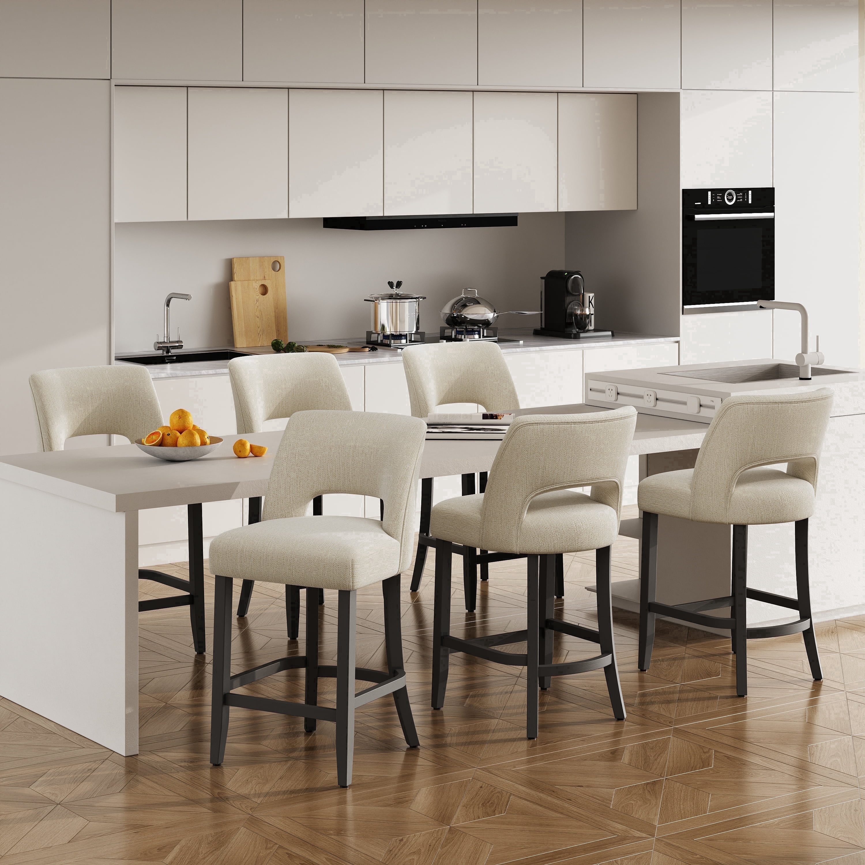 Vknow Furniture Mid-Century Counter Height Bar Stools Set of 6 with Solid Wood Legs and Ergonomic Backrest for Kitchen Island and Dining Room,Beige