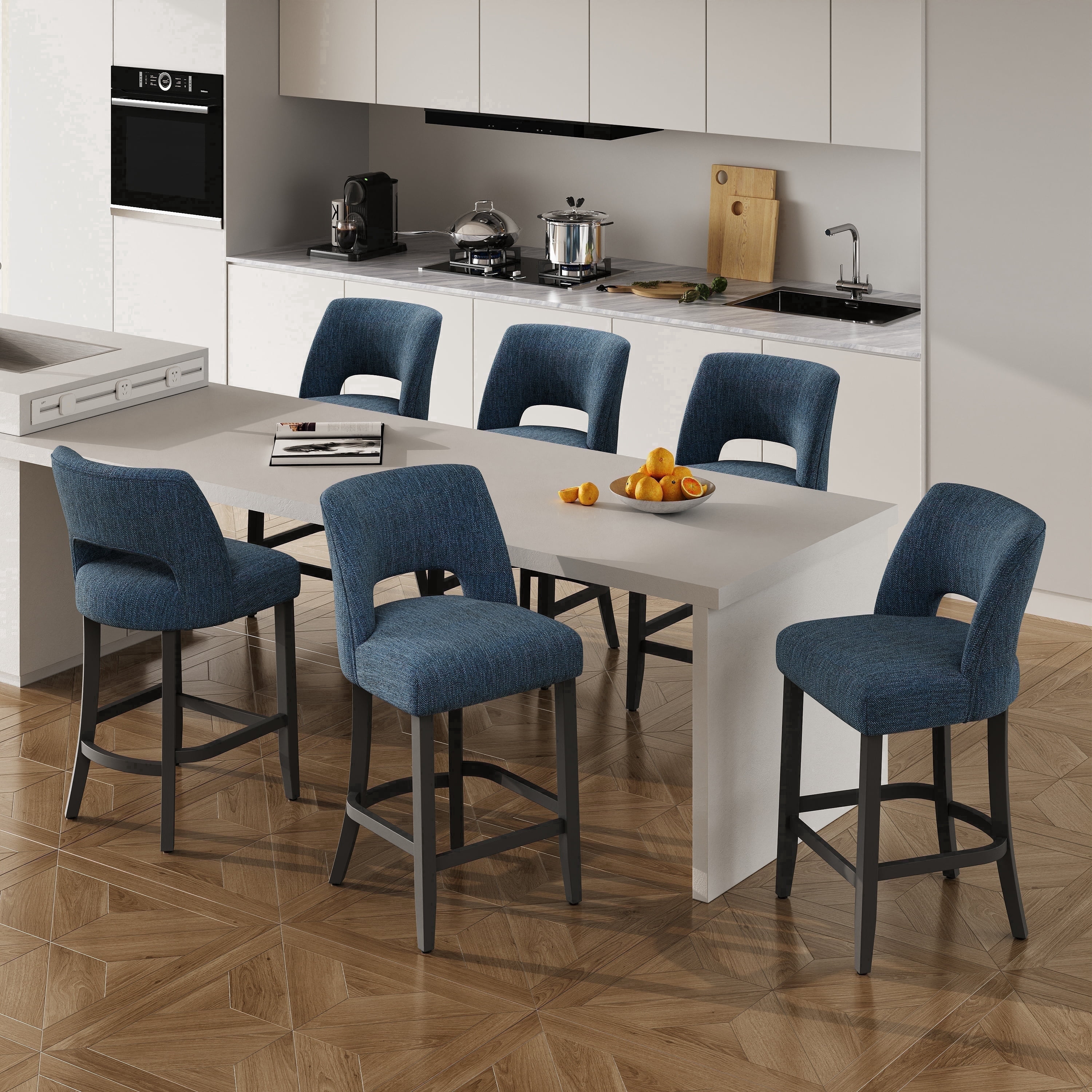 Vknow Furniture Mid-Century Counter Height Bar Stools Set of 6 with Solid Wood Legs and Ergonomic Backrest for Kitchen Island and Dining Room,Blue