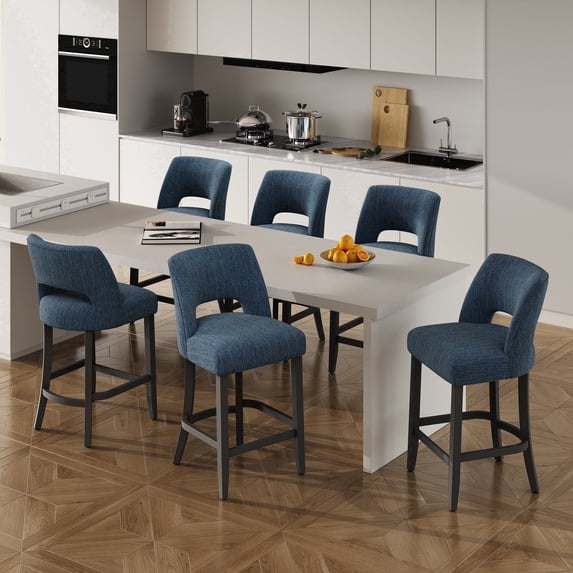 Vknow Furniture Mid-Century Counter Height Bar Stools Set of 6 with Solid Wood Legs and Ergonomic Backrest for Kitchen Island and Dining Room,Blue