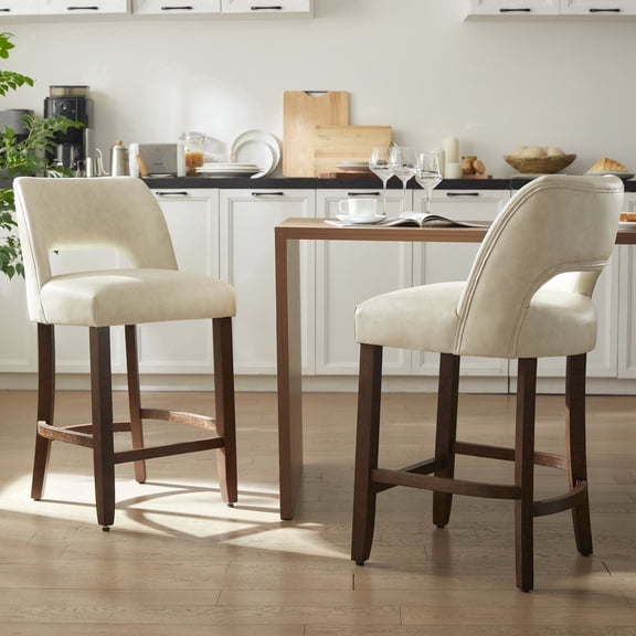 VKNOW Modern Curved Back 2-Piece Counter Height Bar Stools, Upholstered Kitchen Bar Stools with Footrest for Kitchen Island and Dining Room,Beige
