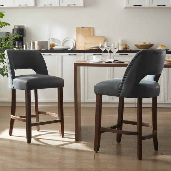 Vknow Furniture 26" Faux Leather Counter Height Bar Stools Set of 2, Upholstered with Backrest and Rubberwood Legs for Kitchen Island, Dining Room,Black