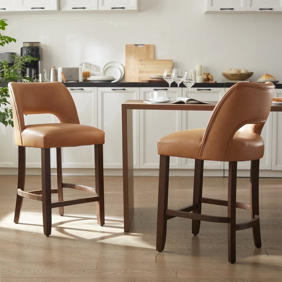 VKNOW Modern Curved Back 2-Piece Counter Height Bar Stools, Upholstered Kitchen Bar Stools with Footrest for Kitchen Island and Dining Room,Brown