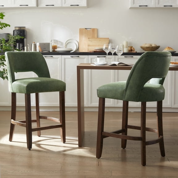VKNOW 26" Faux Leather Counter Height Bar Stools Set of 2, Upholstered with Backrest and Rubberwood Legs for Kitchen Island, Dining Room,Green