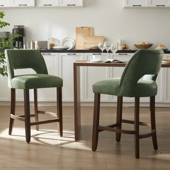 Vknow Furniture 26" Faux Leather Counter Height Bar Stools Set of 2, Upholstered with Backrest and Rubberwood Legs for Kitchen Island, Dining Room,Green