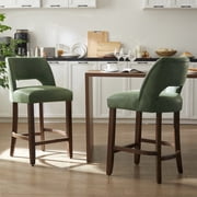 VKNOW 26" Faux Leather Counter Height Bar Stools Set of 2, Upholstered with Backrest and Rubberwood Legs for Kitchen Island, Dining Room,Green