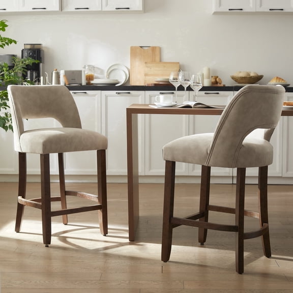 VKNOW Modern Curved Back 2-Piece Counter Height Bar Stools, Upholstered Kitchen Bar Stools with Footrest for Kitchen Island and Dining Room,Taupe
