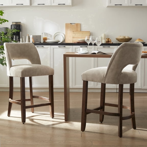 VKNOW Modern Curved Back 2-Piece Counter Height Bar Stools, Upholstered Kitchen Bar Stools with Footrest for Kitchen Island and Dining Room,Taupe