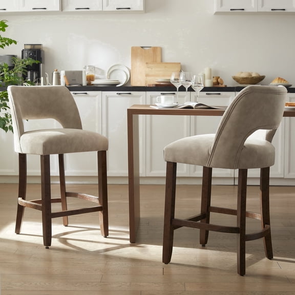 VKNOW Modern Curved Back 2-Piece Counter Height Bar Stools, Upholstered Kitchen Bar Stools with Footrest for Kitchen Island and Dining Room,Taupe