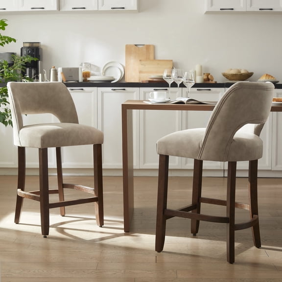 Vknow Furniture Modern Curved Back 2-Piece Counter Height Bar Stools, Upholstered Kitchen Bar Stools with Footrest for Kitchen Island and Dining Room,Taupe
