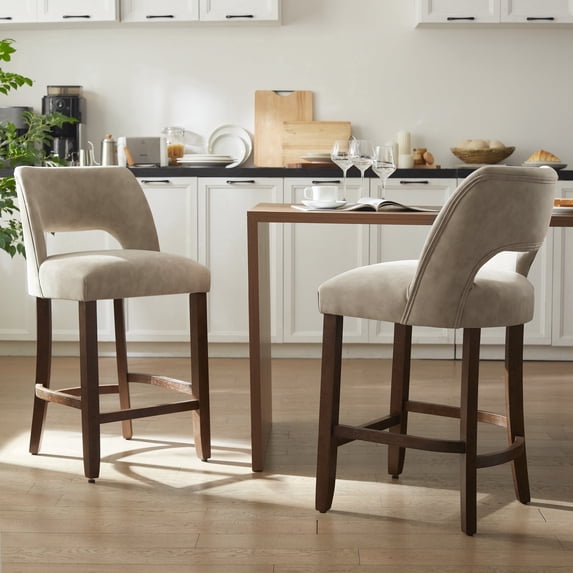 Vknow Furniture Modern Curved Back 2-Piece Counter Height Bar Stools, Upholstered Kitchen Bar Stools with Footrest for Kitchen Island and Dining Room,Taupe