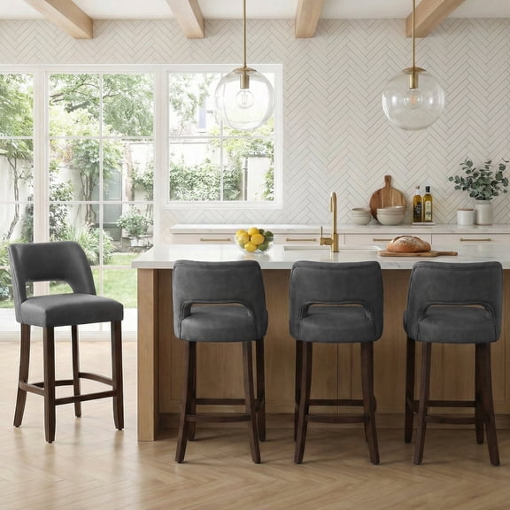 Vknow Furniture Modern Curved Back 4-Piece Counter Height Bar Stools, Upholstered Kitchen Bar Stools with Footrest for Kitchen Island and Dining Room,Black