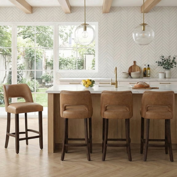 VKNOW Modern Curved Back 4-Piece Counter Height Bar Stools, Upholstered Kitchen Bar Stools with Footrest for Kitchen Island and Dining Room,Brown