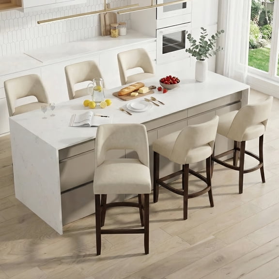 Vknow Furniture Modern Curved Back 6-Piece Counter Height Bar Stools, Upholstered Kitchen Bar Stools with Footrest for Kitchen Island and Dining Room,Beige
