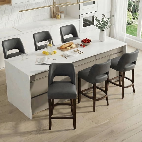 Vknow Furniture Modern Curved Back 6-Piece Counter Height Bar Stools, Upholstered Kitchen Bar Stools with Footrest for Kitchen Island and Dining Room,Black