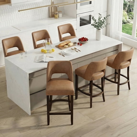VKNOW Modern Curved Back 6-Piece Counter Height Bar Stools, Upholstered Kitchen Bar Stools with Footrest for Kitchen Island and Dining Room,Brown