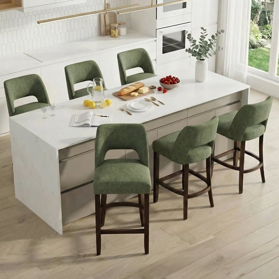 Vknow Furniture Modern Curved Back 6-Piece Counter Height Bar Stools, Upholstered Kitchen Bar Stools with Footrest for Kitchen Island and Dining Room,Green