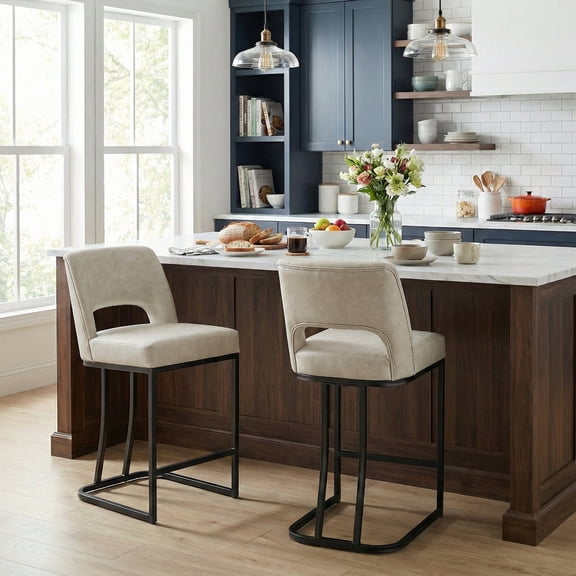 Vknow Furniture Modern C-Shaped Counter Stools Set of 2 Ergonomic Kitchen Bar Stools for Kitchen Island, Counter, Home,Beige