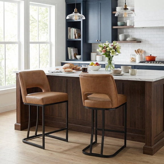 VKNOW Modern C-Shaped Counter Stools Set of 2 Ergonomic Kitchen Bar Stools for Kitchen Island, Counter, Home,Brown