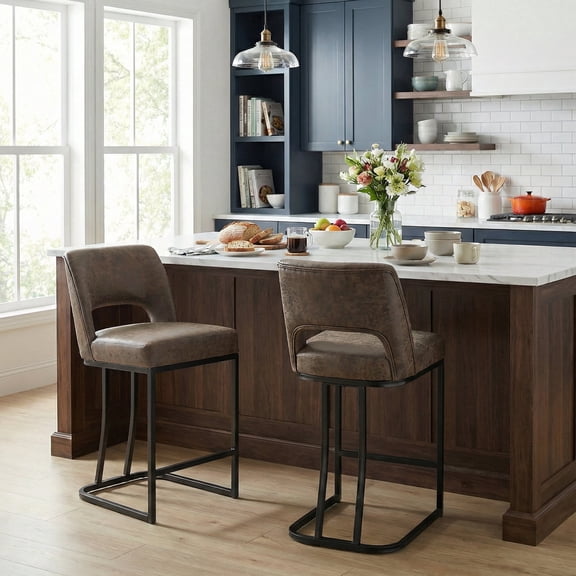 Vknow Furniture Modern C-Shaped Counter Stools Set of 2 Ergonomic Kitchen Bar Stools for Kitchen Island, Counter, Home,Dark Brown