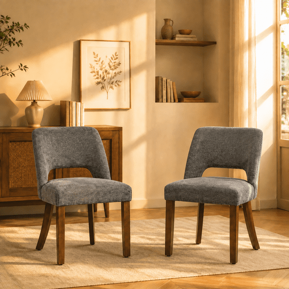 Usiant Modern Upholstered Dining Chairs Set of 2 Curved Hollow Backrest Walnut Finish Legs for Kitchen Dining Room Living Room Bedroom,Charcoal