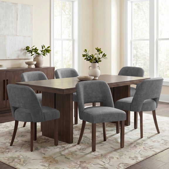 Vknow Furniture Modern Upholstered Dining Chairs Set of 6 Curved Hollow Backrest Walnut Finish Legs for Kitchen Dining Room Living Room Bedroom,Charcoal