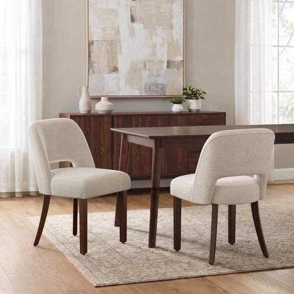 Usiant Modern Upholstered Dining Chairs Set of 2 Curved Hollow Backrest Walnut Finish Legs for Kitchen Dining Room Living Room Bedroom,Beige