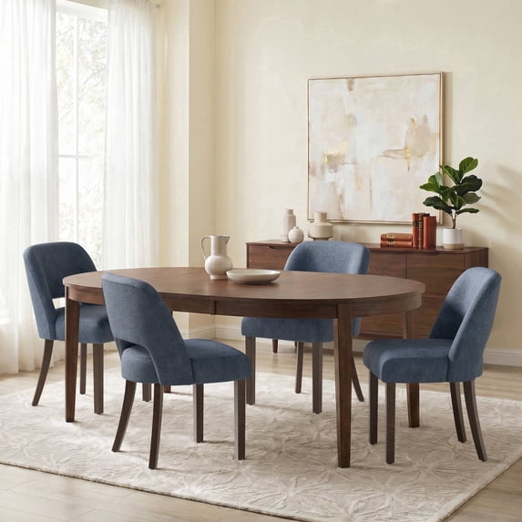 Usiant Modern Upholstered Dining Chairs Set of 4 Curved Hollow Backrest Walnut Finish Legs for Kitchen Dining Room Living Room Bedroom,Blue
