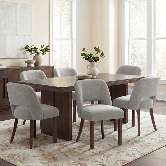 VKNOW Modern Upholstered Dining Chairs Set of 6 Curved Hollow Backrest Walnut Finish Legs for Kitchen Dining Room Living Room Bedroom,Gray