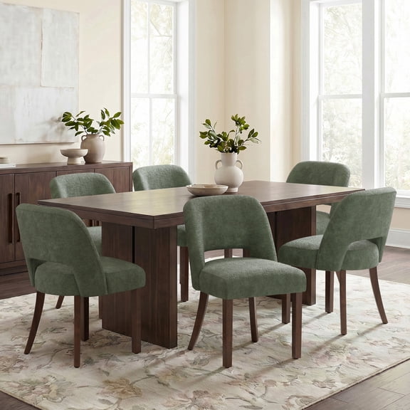 VKNOW Modern Upholstered Dining Chairs Set of 6 Curved Hollow Backrest Walnut Finish Legs for Kitchen Dining Room Living Room Bedroom,Green