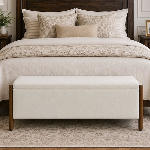 VKNOW Chenille Storage Bench with Solid Wood Legs and Hinged Lid for Bedroom Entryway and Living Room,Beige