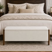 VKNOW Chenille Storage Bench with Solid Wood Legs and Hinged Lid for Bedroom Entryway and Living Room Beige