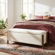 VKNOW Chenille Storage Bench with Solid Wood Legs and Hinged Lid for Bedroom Entryway and Living Room Beige