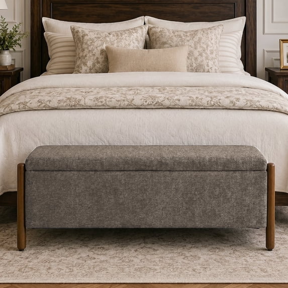 VKNOW Chenille Storage Bench with Solid Wood Legs and Hinged Lid for Bedroom Entryway and Living Room,Brown