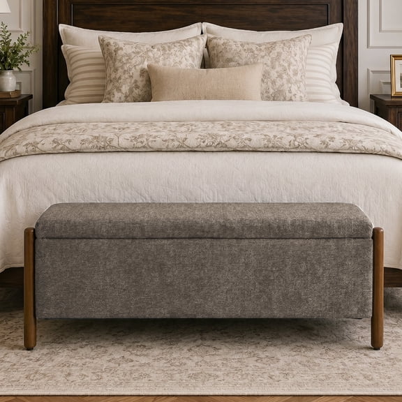 Vknow Furniture Chenille Storage Bench with Solid Wood Legs and Hinged Lid for Bedroom Entryway and Living Room,Brown
