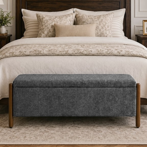 Vknow Furniture Chenille Storage Bench with Solid Wood Legs and Removable Lid for Bedroom Entryway and Living Room,Charcoal
