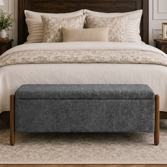VKNOW Chenille Storage Bench with Solid Wood Legs and Hinged Lid for Bedroom Entryway and Living Room,Charcoal