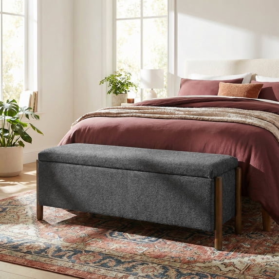 Vknow Furniture Chenille Storage Bench with Solid Wood Legs and Removable Lid for Bedroom Entryway and Living Room,Charcoal