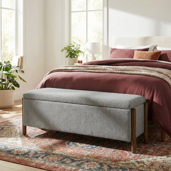 Vknow Furniture Storage Bench with Solid Wood Legs, Upholstered Entryway Bench with Hidden Storage,Gray