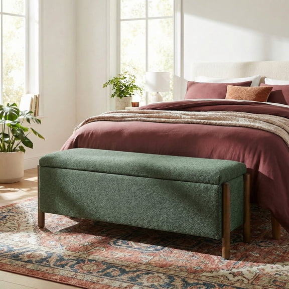 Vknow Furniture Chenille Storage Bench with Solid Wood Legs and Removable Lid for Bedroom Entryway and Living Room,Green