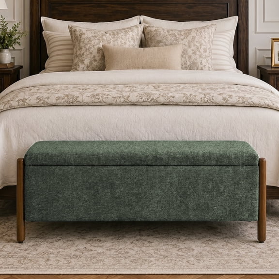 Vknow Furniture Chenille Storage Bench with Solid Wood Legs and Hinged Lid for Bedroom Entryway and Living Room,Green
