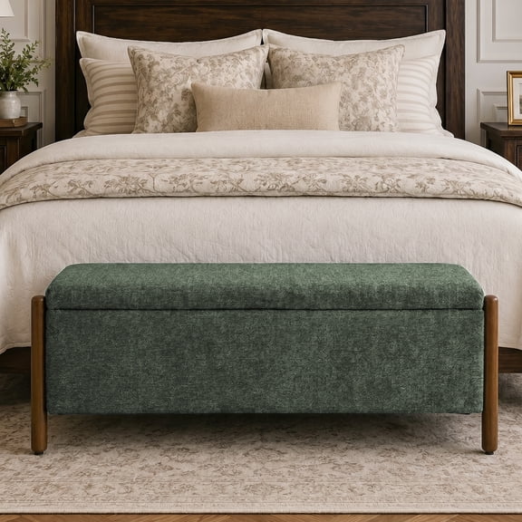 Vknow Furniture Chenille Storage Bench with Solid Wood Legs and Hinged Lid for Bedroom Entryway and Living Room,Green