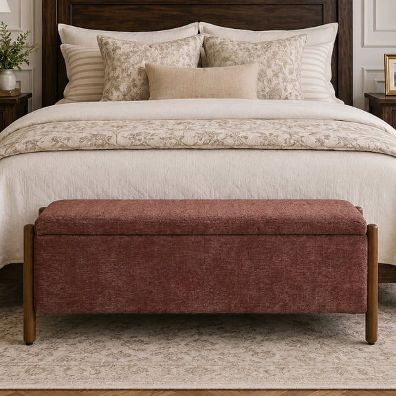 VKNOW Chenille Storage Bench with Solid Wood Legs and Hinged Lid for Bedroom Entryway and Living Room,Rust