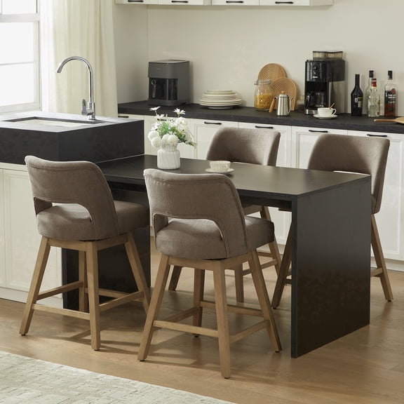 VKNOW 27" 360° Swivel Counter Height Bar Stools Set of 4, Upholstered with Backrest and Sturdy Rubberwood Legs for Kitchen Island, Breakfast Bar,Brown