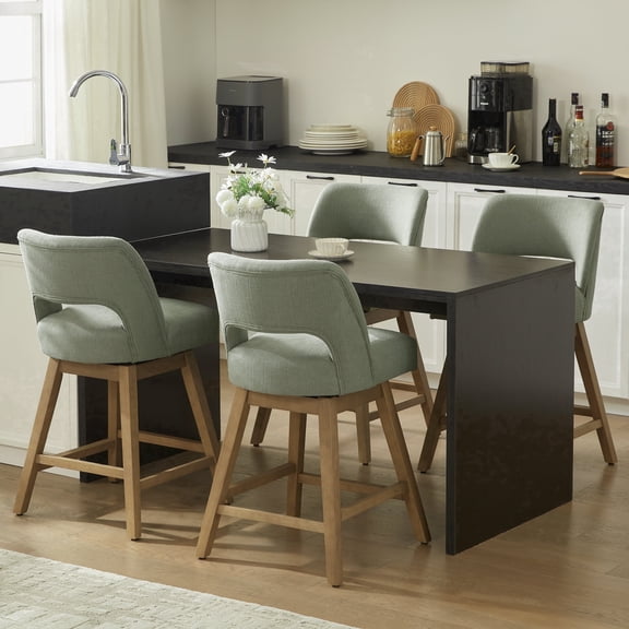 VKNOW 27" 360° Swivel Counter Height Bar Stools Set of 4, Upholstered with Backrest and Sturdy Rubberwood Legs for Kitchen Island, Breakfast Bar,Green