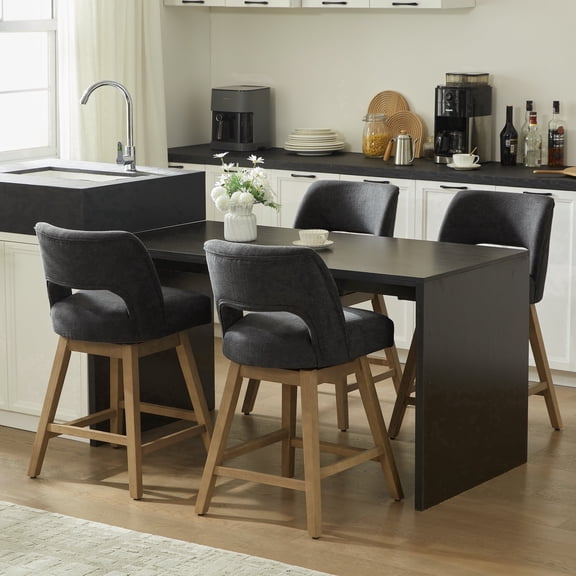Vknow Furniture 27" 360° Swivel Counter Height Bar Stools Set of 4, Upholstered with Backrest and Sturdy Rubberwood Legs for Kitchen Island, Breakfast Bar,Dark Gray
