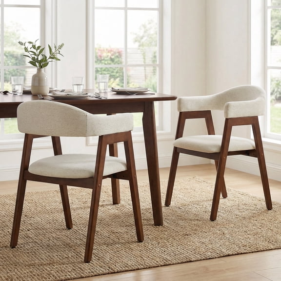 Usaint Upholstered Barrel Back Dining Chair with Armrests Solid Wood Frame 2 Piece Set,Beige