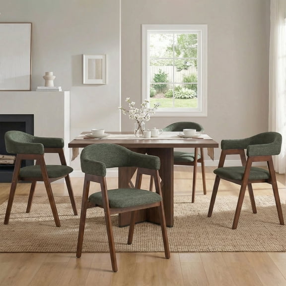 VKNOW Upholstered Barrel Back Dining Chair with Armrests Solid Wood Frame 4 Piece Set,Green