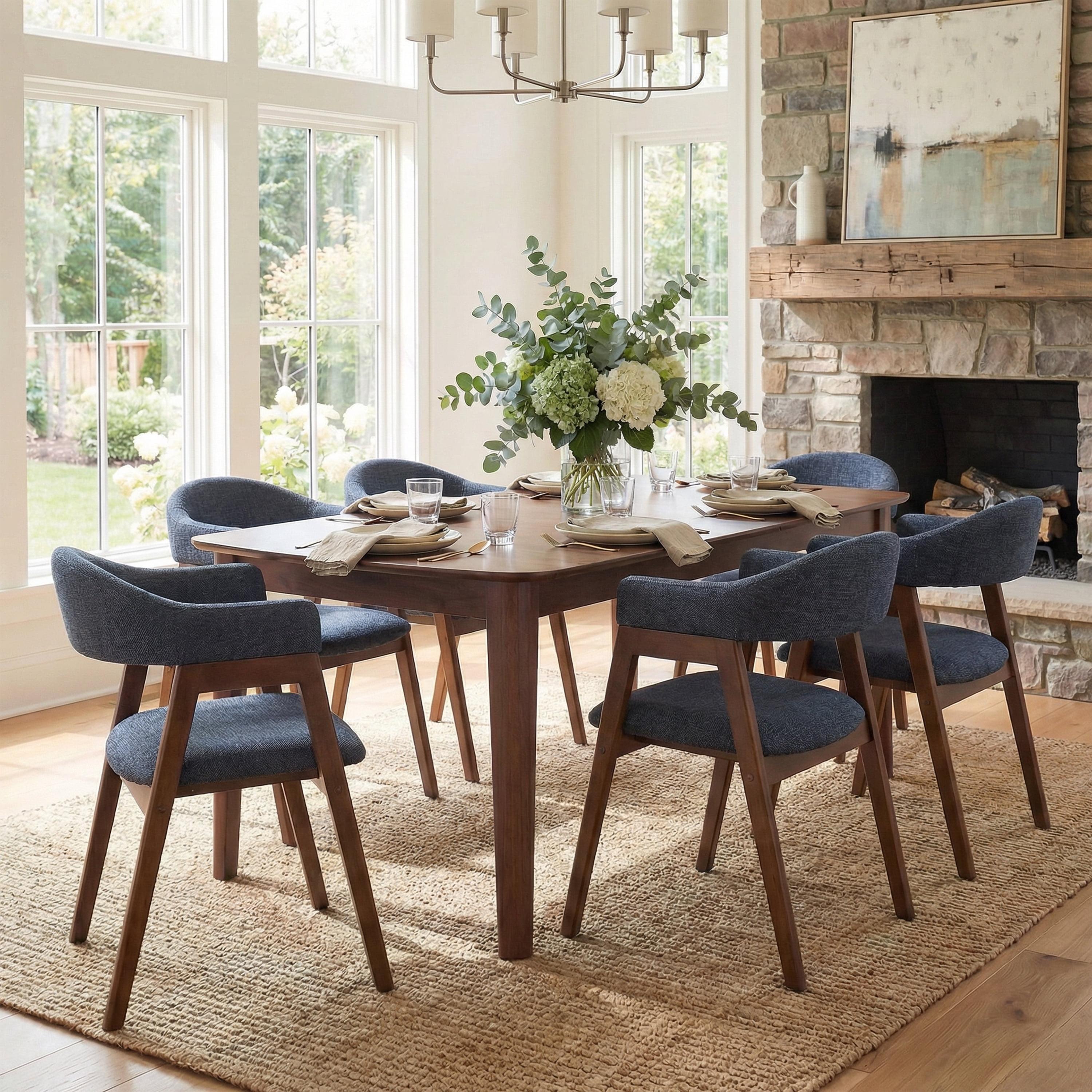 Vknow Furniture Upholstered Barrel Back Dining Chair with Armrests Solid Wood Frame 6 Piece Set,Blue